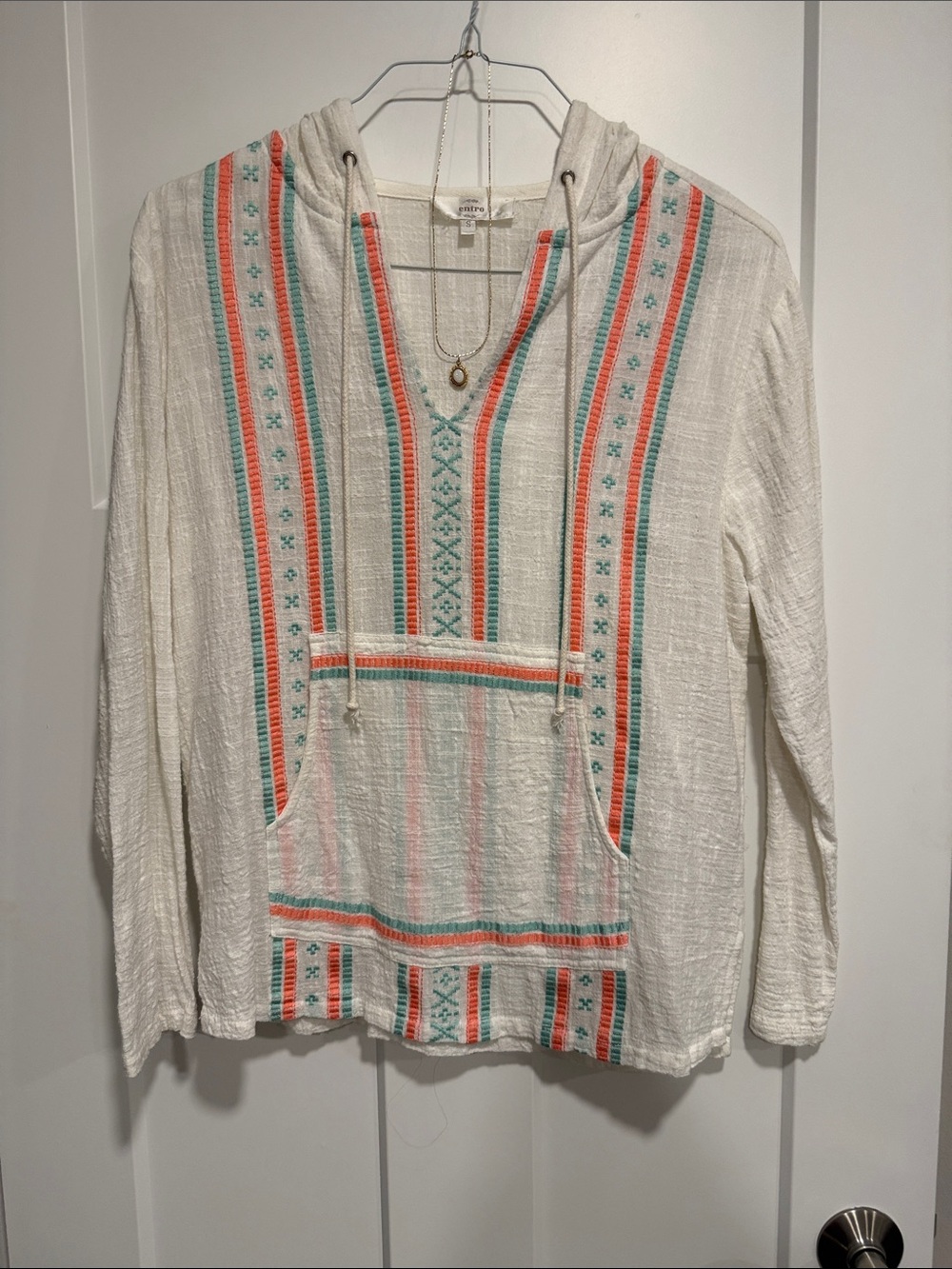 Entro Boho Embroidered Hooded Pullover Top 100% Cotton Ivory Coral Teal S